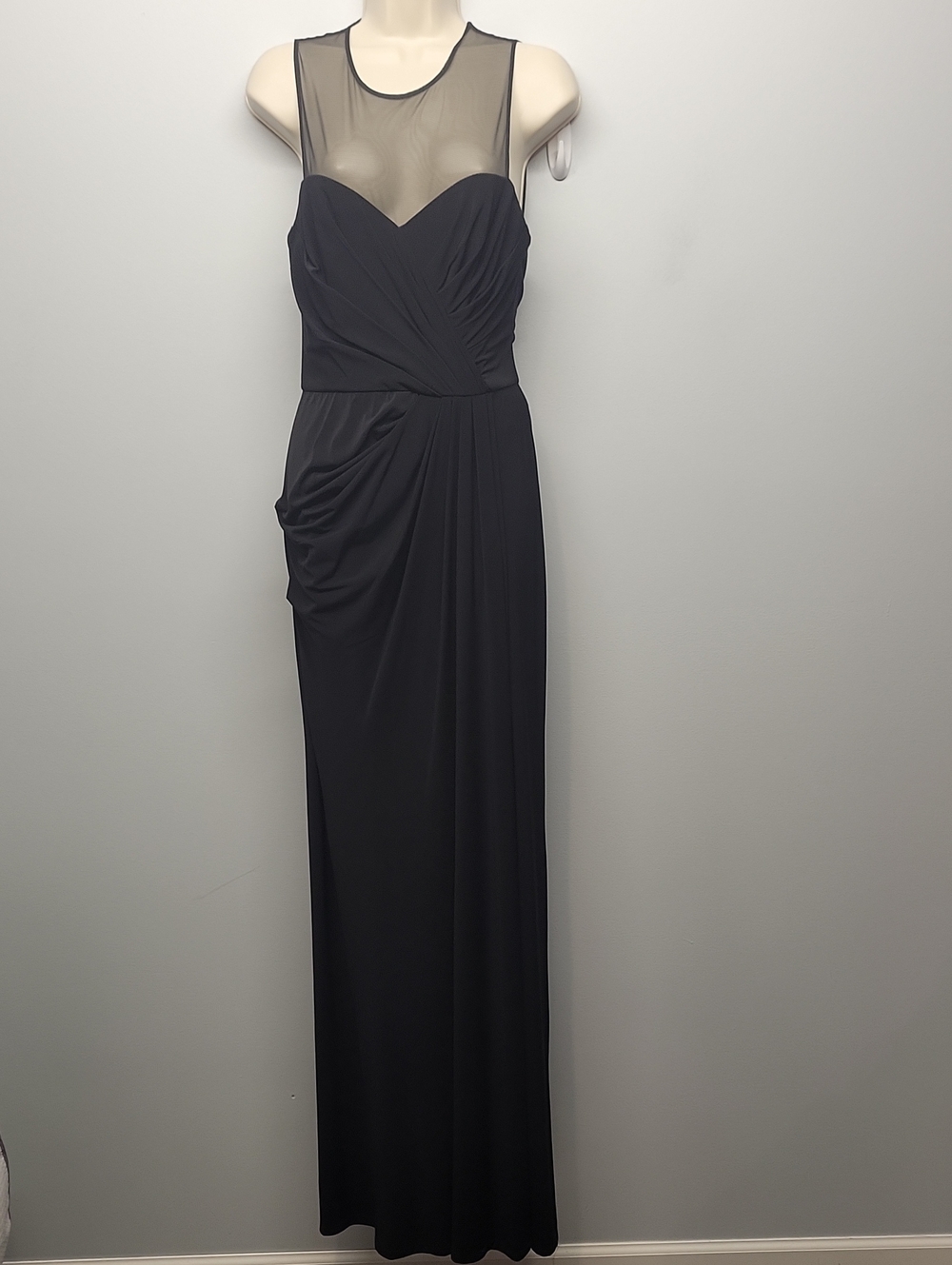 Vera Wang Illusion Mesh Yoke Draped Maxi Gown in black size 4